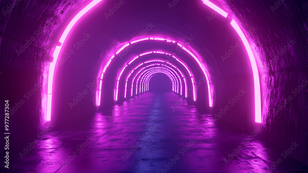 Wall mural 3d abstract background with neon lights. neon tunnel .space construction . illustration. Neon Lights. Illustration