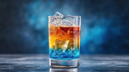 Colorful rainbow cocktail layers in a clear glass, bold hues and high contrast