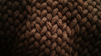 Fototapeta premium A close up of a knitted sweater with a brown color. The sweater is made of yarn and has a very intricate design. Concept of warmth and comfort, as well as the skill