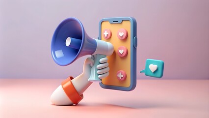 Bubble social media concept: A hand holding a smartphone and a megaphone notification in a minimal cartoon style, with talk, chat, and comments. This is a 3D rendered illustration.