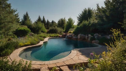 Pool, Nature, Summer, Sky, Sun, Trees, Clouds, Grass, Plants, Flowers, Sunset, Water