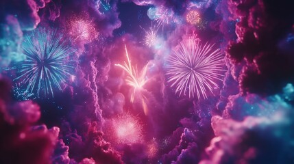 Obraz premium A colorful fireworks display in the sky. The fireworks are in different colors and are scattered throughout the sky. Scene is celebratory and festive