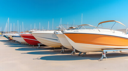 Obraz premium Boats on a Trailer in the Parking Lot of a Marina | Ready for Transport and Outdoor Adventure