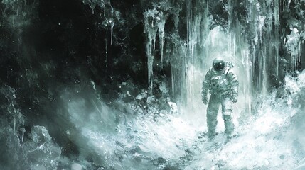 Obraz premium A space explorer landing on a frozen, alien planet with ice-covered structures camera Canon EOS R5 lens 24mm f/2.8