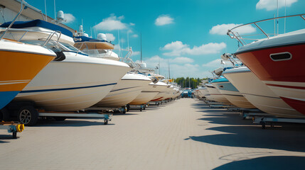 Fototapeta premium Boats on a Trailer in the Parking Lot of a Marina | Ready for Transport and Outdoor Adventure