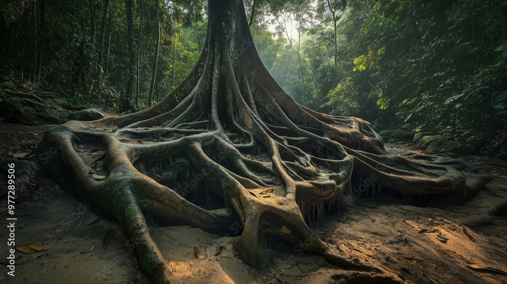 Wall mural a large tree with roots that are spread out in the sand. the roots are brown and appear to be dried 