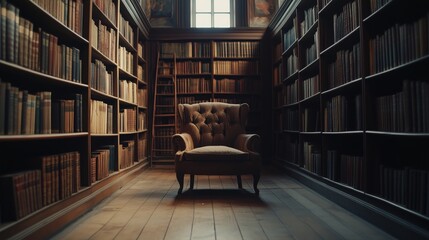 A library with a chair in the middle of it. The chair is empty and the library is full of books