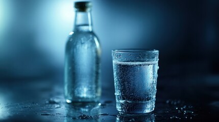 A vodka shot glass placed beside a bottle with condensation dripping down, giving a cool, refreshing vibe.