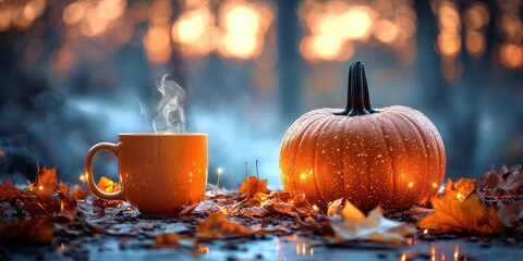 Autumn pumpkin with coffee cup and warm leaves