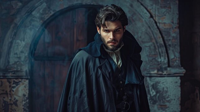 A mysterious vampire in a long black cloak in the middle of a gothic castle. Halloween illustration concept. Victorian era.