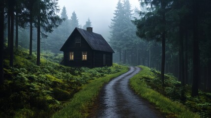 Fototapeta premium Mysterious road to hidden cabin in pine forest
