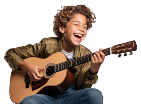 PNG Young boy playing acoustic guitar musician smiling happy.