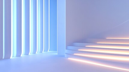 Minimalist stage with serene, calm mood, cascading light effects in soft blue and white hues