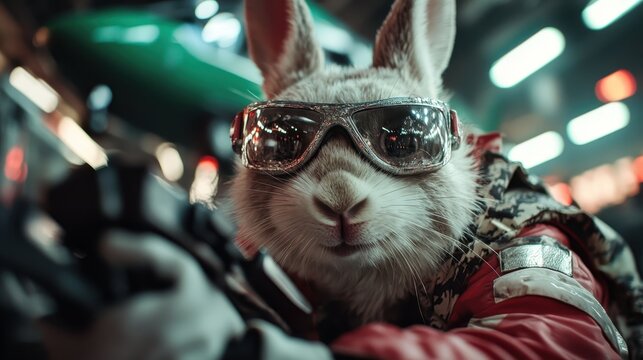 A rabbit wearing sunglasses and adventure gear is captured in a dynamic moment, expressing readiness for action with blurred movement, making it a thrilling scene full of energy.