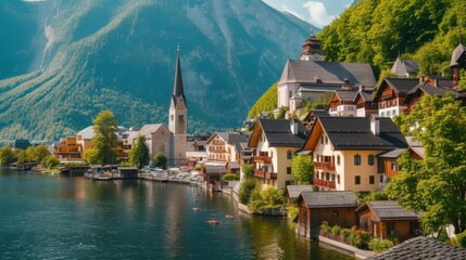 A quaint town with a beautiful lake and majestic mountains