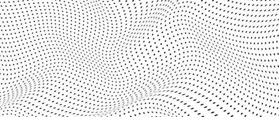 Abstract halftone vector background. Grunge texture illustration. Retro pixelated backdrop. White and black halftone wallpaper. Dotted background. 3d waves pattern, optical illusion.