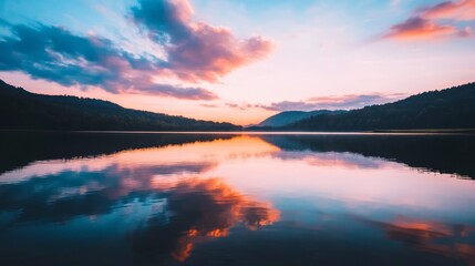 Fototapeta premium Sunrise reflection in serene lake, symbolizing new beginnings