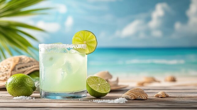 Margarita glass with salt rim and lime slice, beach scene in the background