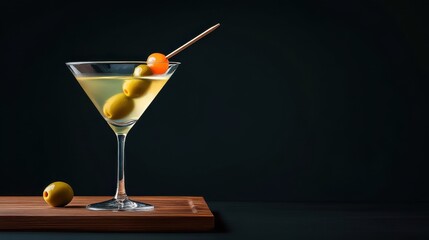 Martini with olives, minimalist presentation against a black background
