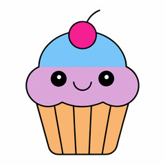 a cute, smiling cupcake with pastel-colored frosting and a cherry on top