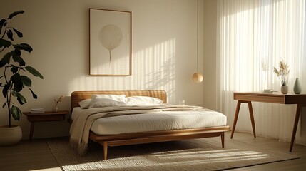 A serene, modern bedroom with natural light and minimalist decor.