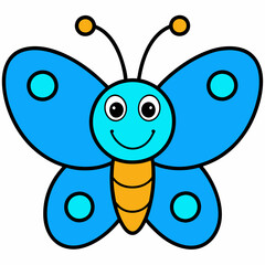 a simple, cartoon-style butterfly with brightly colored wings and a happy, smiling face.