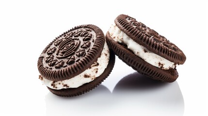 A pair of chocolate cookies with a creamy center and crumbs spread around, set against a white background.
