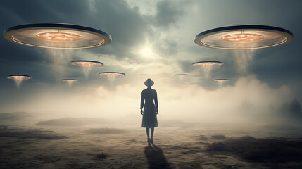 Person steht in karger Landschaft. Ufos am Himmel. Warme surreale Illustration