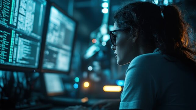 An individual in a dark environment is focused on various computer monitors displaying complex data, suggesting a scene of intense digital work or cybersecurity efforts.