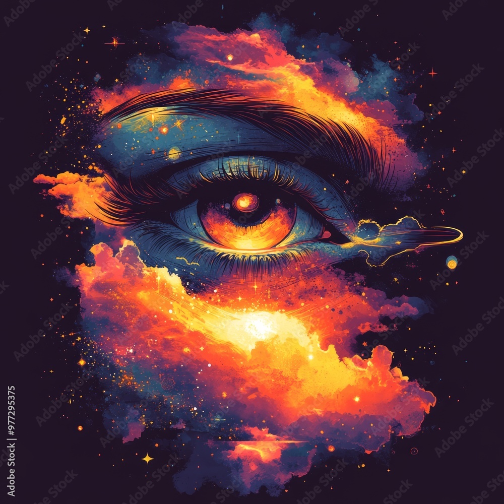 Canvas Prints An artistic representation of an eye surrounded by cosmic elements.