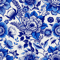 Bloom. Vintage floral seamless pattern. Spring flowers. Blue and white. Chinoiserie vector illustration