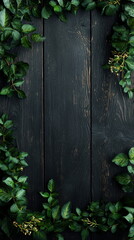 Dark Wooden Background with Green Foliage Border – Natural Rustic Texture