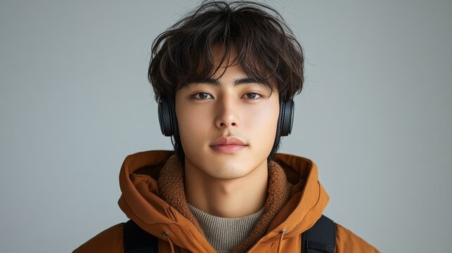 헤드폰을 쓰고 음악을 듣는 캐주얼한 젊은 남자의 초상화