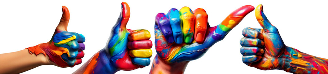 Close-up of a hand painted with multicolored paint and thumb up. Isolated on transparent or white...