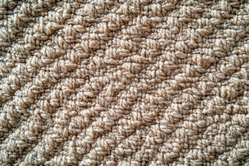 Close-up view of a textured beige carpet with intricate woven patterns, showcasing detailed craftsmanship and surface detail.