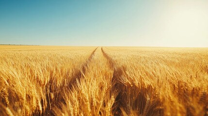 Obraz premium A vast golden wheat field under a clear blue sky with tire tracks leading into the distance.