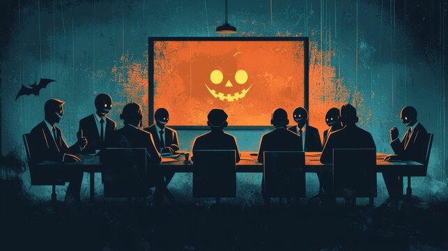 Executives in Spooky Masks Brainstorm Eerie Strategies in Halloween-Themed Business Meeting