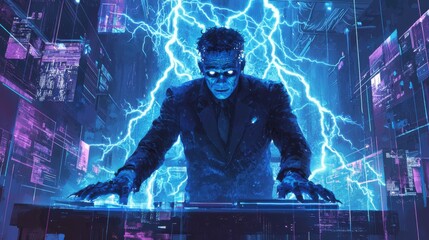 Frankenstein Businessman in Futuristic Office: Electric Creativity for Halloween Inspiration