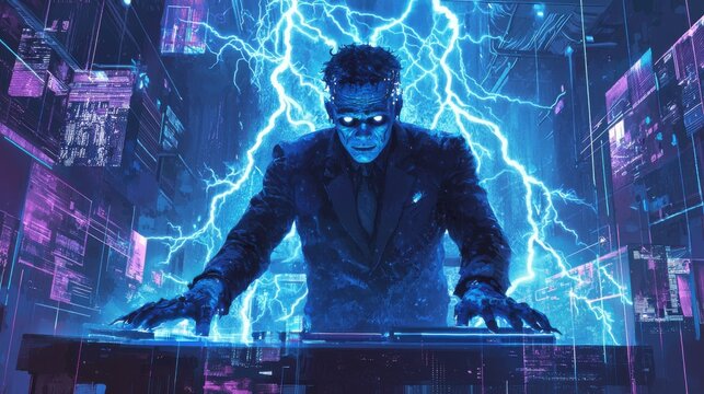 Frankenstein Businessman in Futuristic Office: Electric Creativity for Halloween Inspiration