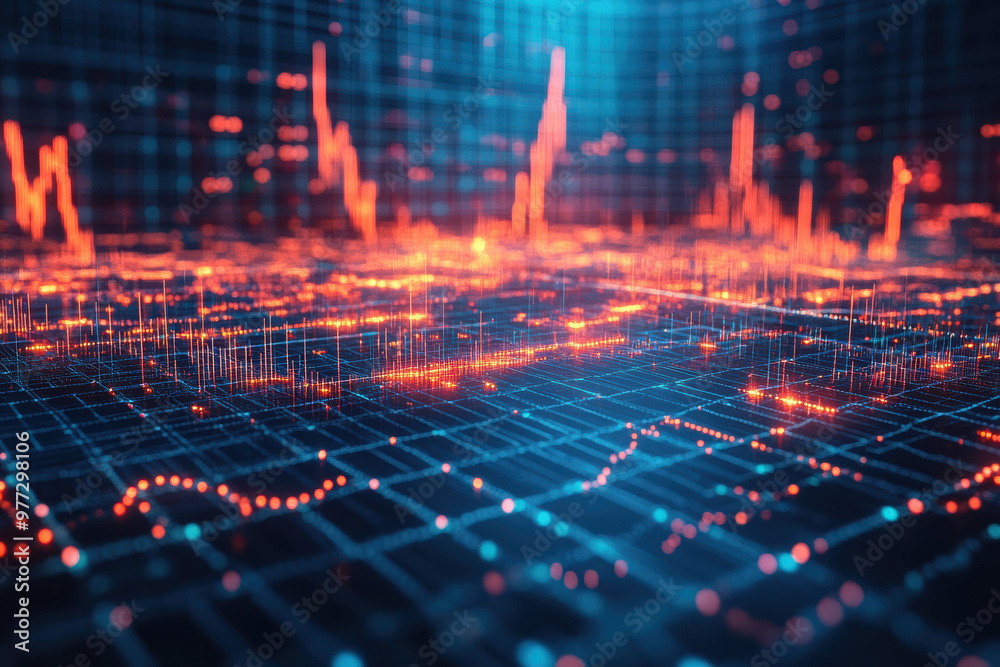 Poster futuristic digital data visualization with glowing graphs and charts on a grid background, represent