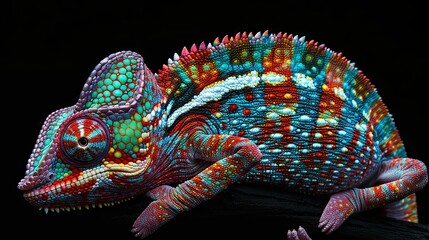A chameleon with a bright skin color on a black isolated background.  Reptile animal nature photo exotic pet macro photo.