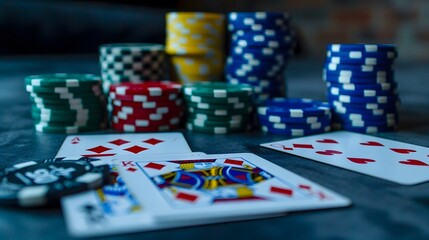 Fototapeta premium Winning Hand in Poker: A winning poker hand laid out on the table, surrounded by chips and cards. 