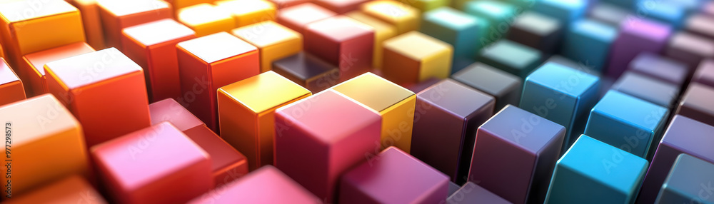 Poster colorful cubes in a vibrant pattern, showcasing geometric design and vivid hues, creating a dynamic 