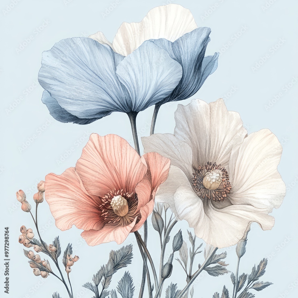 Wall mural Beautiful floral illustration featuring pastel-colored poppies.