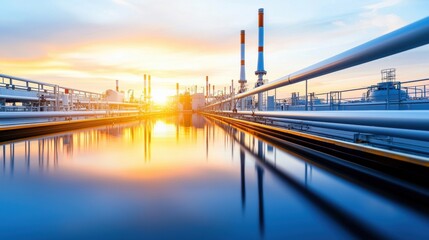 A beautiful sunset is reflected in the water of a large industrial area