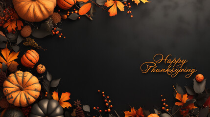 Thanksgiving background decoration from dry leaves, red berries and pumpkin on blackboard background