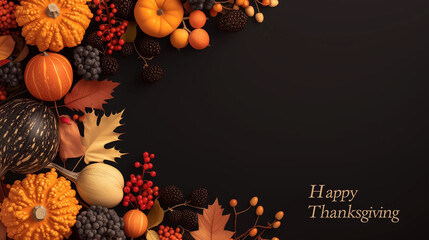 Thanksgiving background decoration from dry leaves, red berries and pumpkin on blackboard background