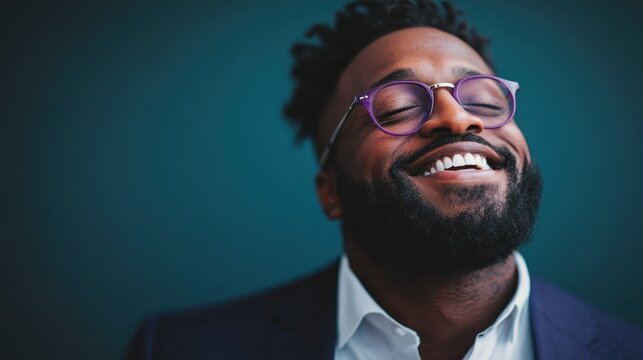 A man in glasses with a joyful expression, dressed in formal attire against a teal background, exuding happiness and contentment.