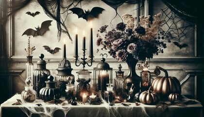 A vintage-styled Halloween themed still life with various decorations on a draped table.

