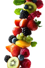 Obraz premium A vibrant collection of assorted fruits, featuring berries, grapes, and slices, with transparent background